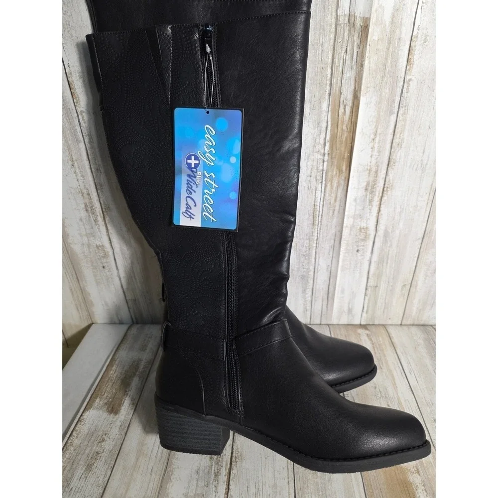 Easy Street Plus Wide Calf Black Knee High Boots Paisley Embossed Side Zip NWT